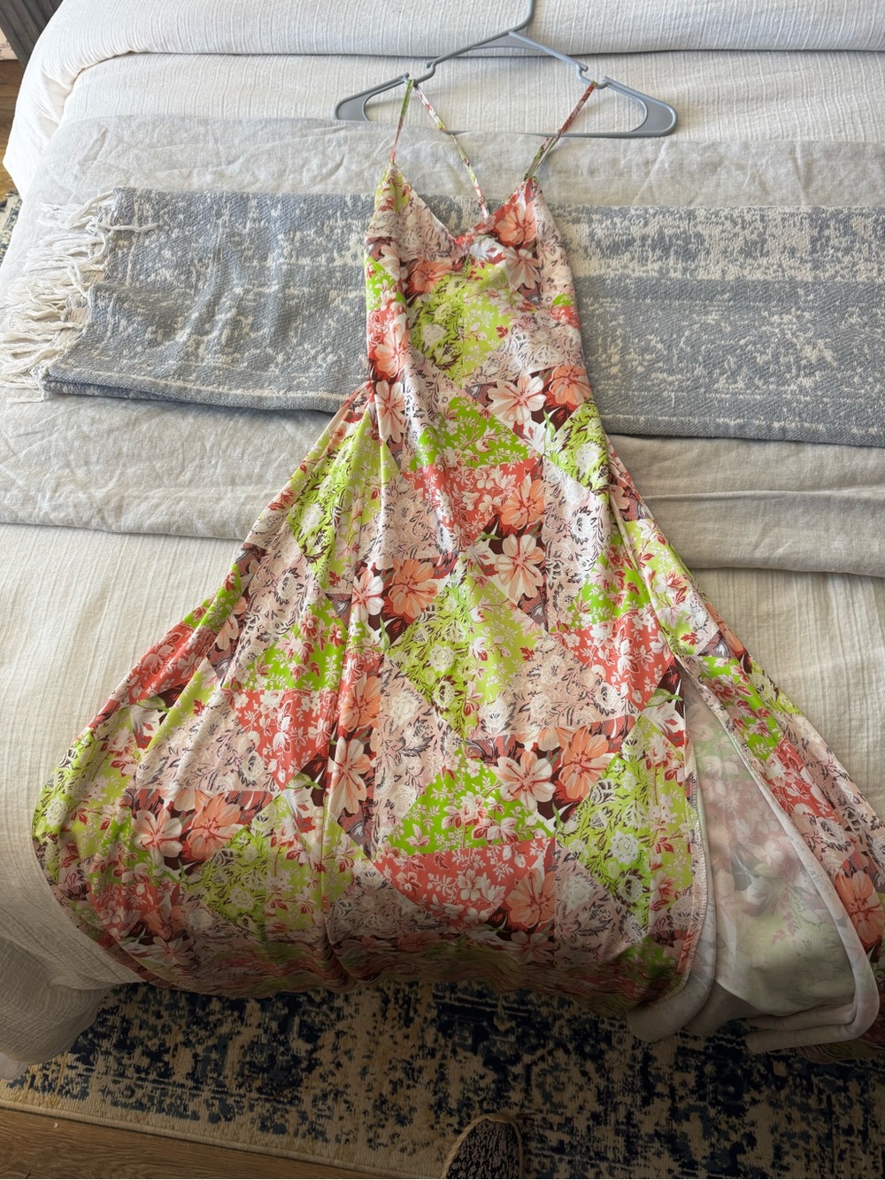 Floral Patchwork Slip Dress in Green & Coral maxi